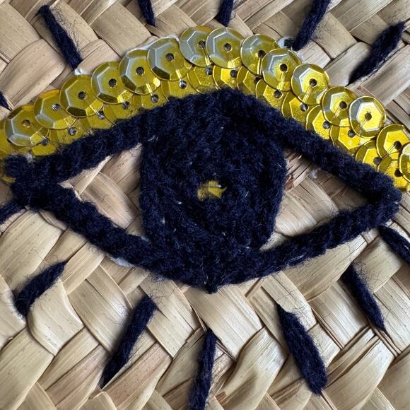 FRENCH Market Straw Basket Evil Eye Pom Pom Woven Straps Beach Bag